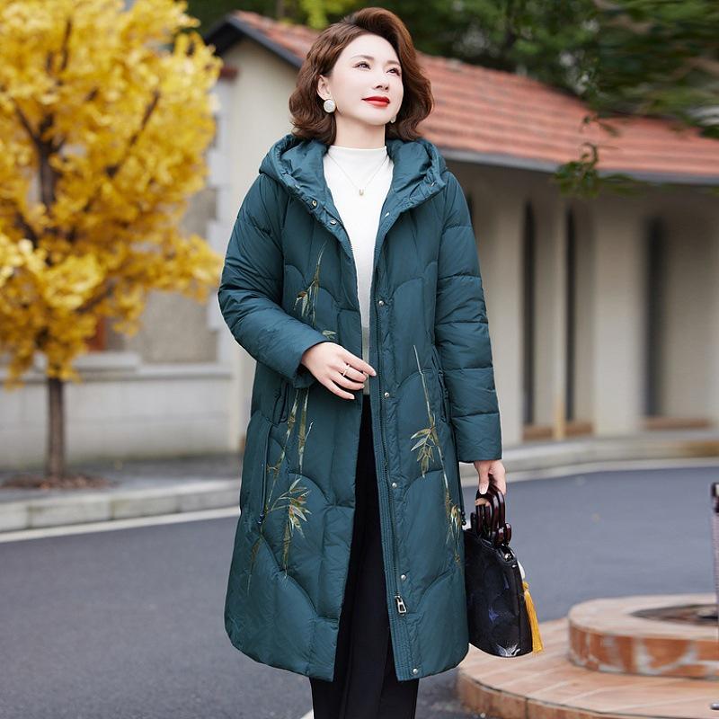 

2025 Embroidered Hooded Over-the-Knee Cotton Coat - Winter Style for Middle-Aged and Elderly 2XL (suggested for 115-127 jin) темно-зеленого