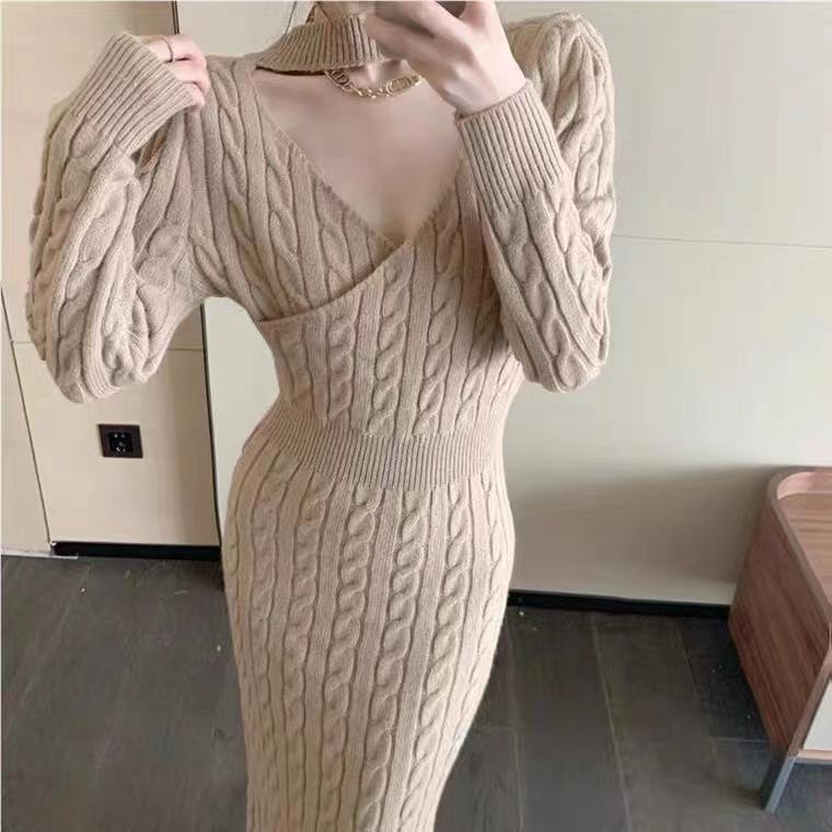 Damen-Strickkleid, lang, V-Ausschnitt, sexy, geteiltes Pulloverkleid, schmale Passform, Herbst-Winter, gestrickt, Hüftkleid, sowohl vorne als auch hinten tragen