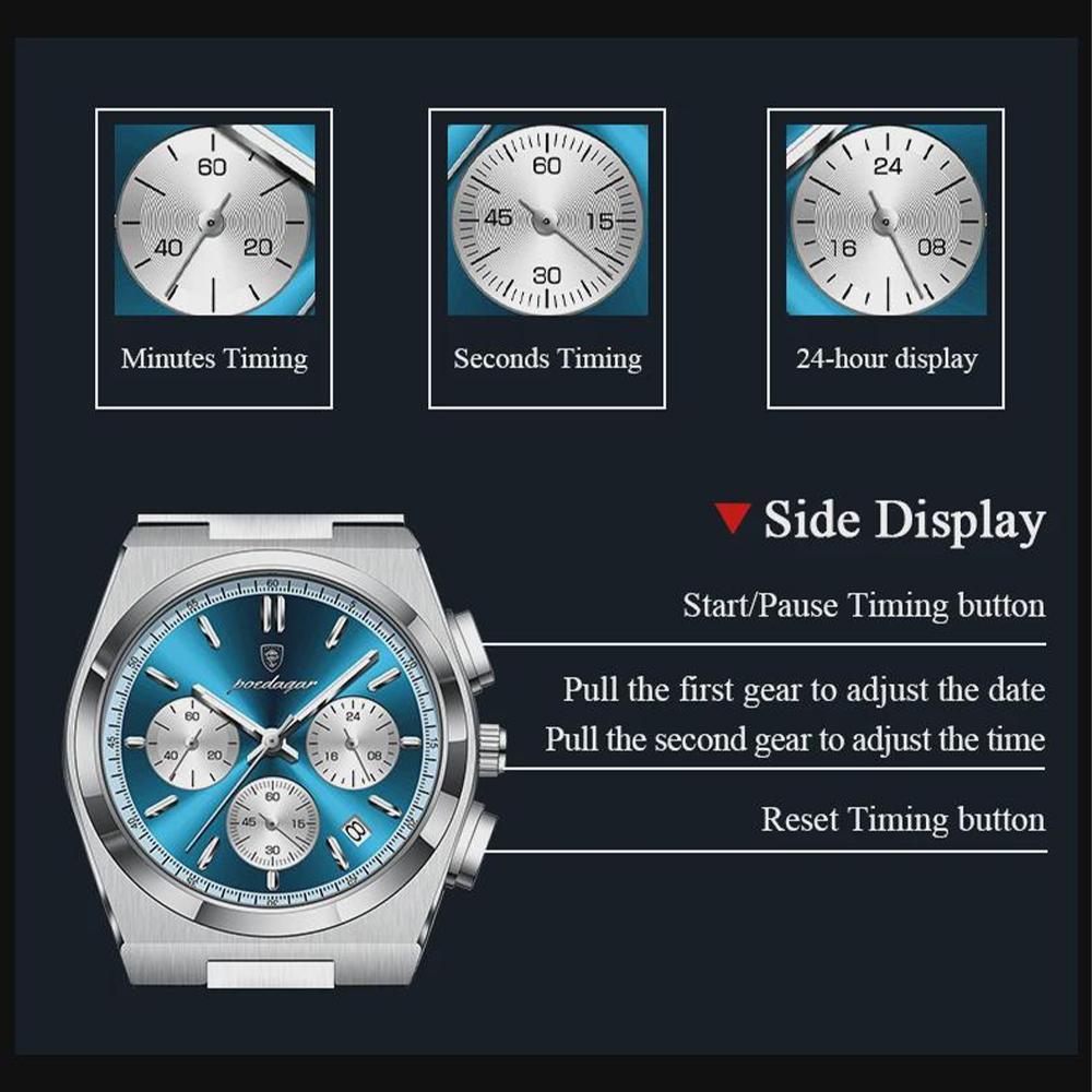 Classical Chronograph Watch Men Luxury Sport Three-Eyes Multifunction Quartz Wristwatch Man Clock Waterproof Luminous Date