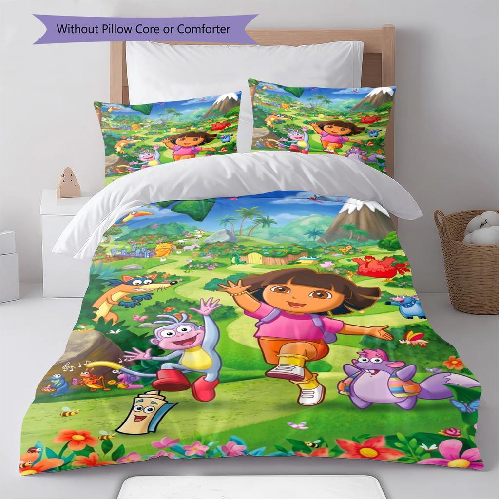 Explorer Dora Pattern Bedding Set Quilt Cover Pillowcase Home Decor Gift (1 * Duvet Cover + 2 * Pillowcase, Without Core)
