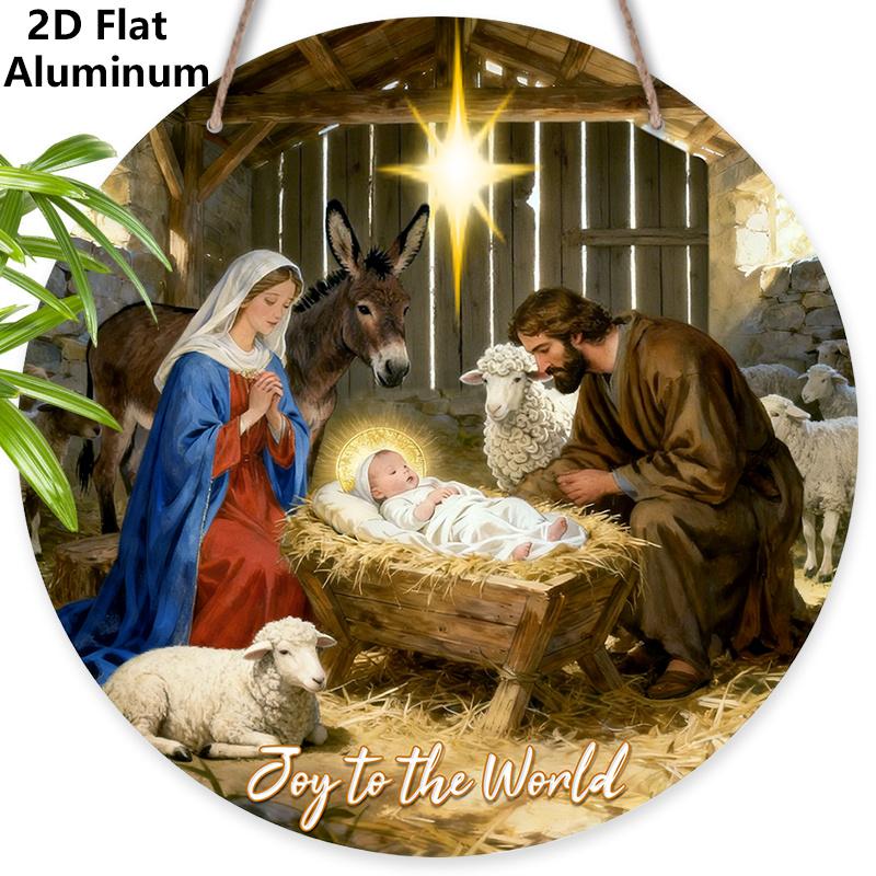 

2D Flat Nativity Aluminium Christmas Sign with Joy To The World - Navidad Figurine Ornaments with Holy Night - Aluminium Manger Sign - Ideal for 7.87×7.87inch