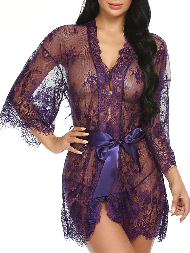 New Sexy Lace Transparent Ruffles Robe Women Lingerie See-Through Babydolls Underwear Sleepwear Night Dress Erotic Sex Clothes