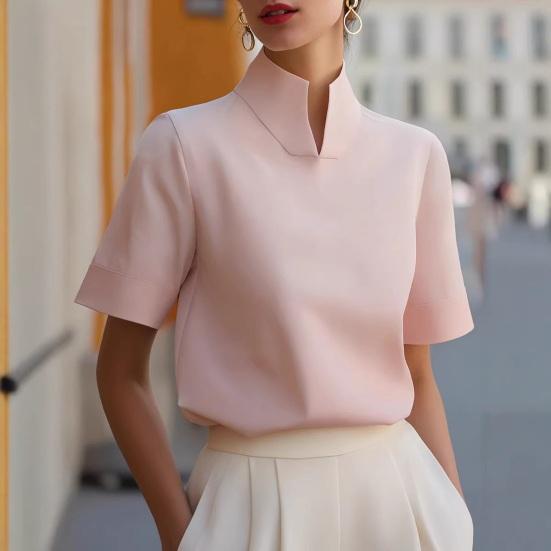 Women Shirt V-neck Stand Collar Loose Fit Pullover Tops Pure Color Soft Stretchy Breathable Blouse Daily Wear