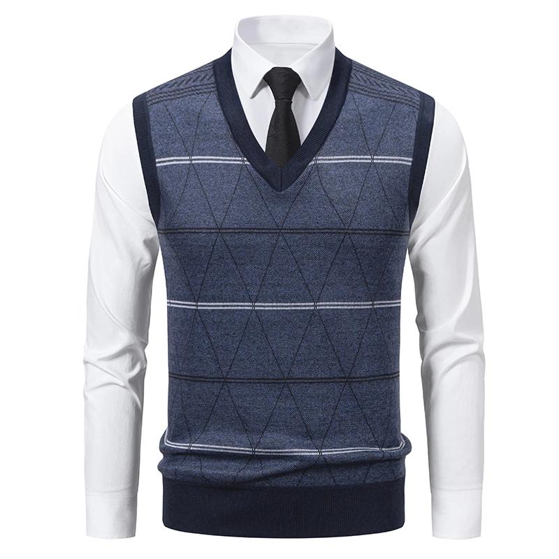 Men's V-neck Knitted Sweater Warm Autumn Winter Diamond Grid Twisted Flower Casual Fashion Versatile Knit Top