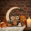 Cute Ghost Pumpkin Desktop Signs Halloween Retro Witch Cat Figurines with Crescent Base, Spooky Rustic Tiered Tray Decor Wooden Tabletop Centerpiece