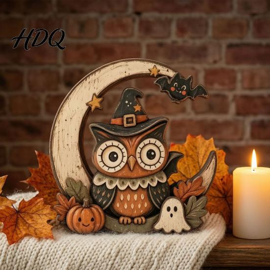 Cute Ghost Pumpkin Desktop Signs Halloween Retro Witch Cat Figurines with Crescent Base, Spooky Rustic Tiered Tray Decor Wooden Tabletop Centerpiece