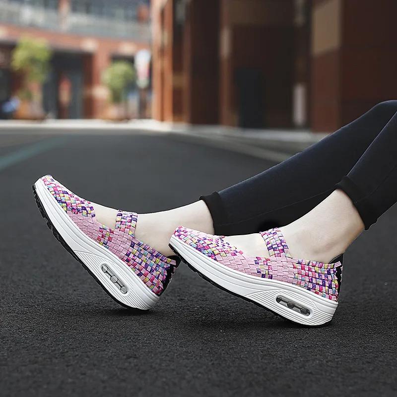  2025 Breathable Casual Women Shoes Loafers Platform Wedges Autumn Woven Slip on Nylon High Heel Pumps Square Dancing