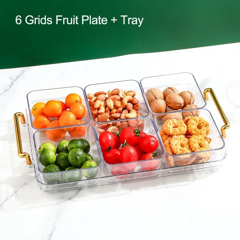 Dried Fruit Plate 2/4/6 Grids Light Luxury Divided Fruit Plate Snack Dish Candy Nuts Household Plastic Tray Snack Dessert Tray