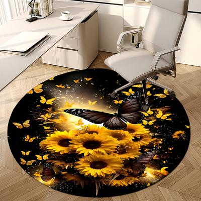 1PC Butterfly Sunflower Non-Slip Floor Round Carpet, Office, Family, Bedroom, Large Area Rug Indoor Rugs,  Durable PolyesterH0389