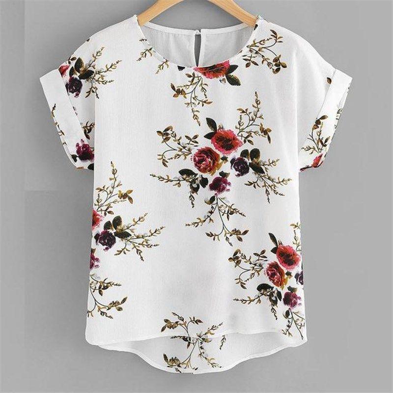

Summer Fashion Floral Print Blouse Pullover Ladies ONeck Te white XXL