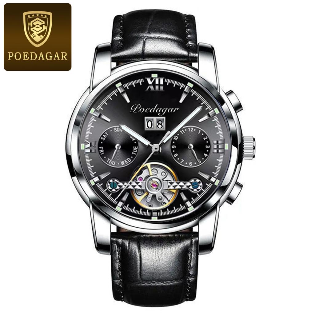 POEDAGAR Automatic Mechanical Watch Men Tourbillon Skeleton Wristwatch Calendar Week Display Leather Strap