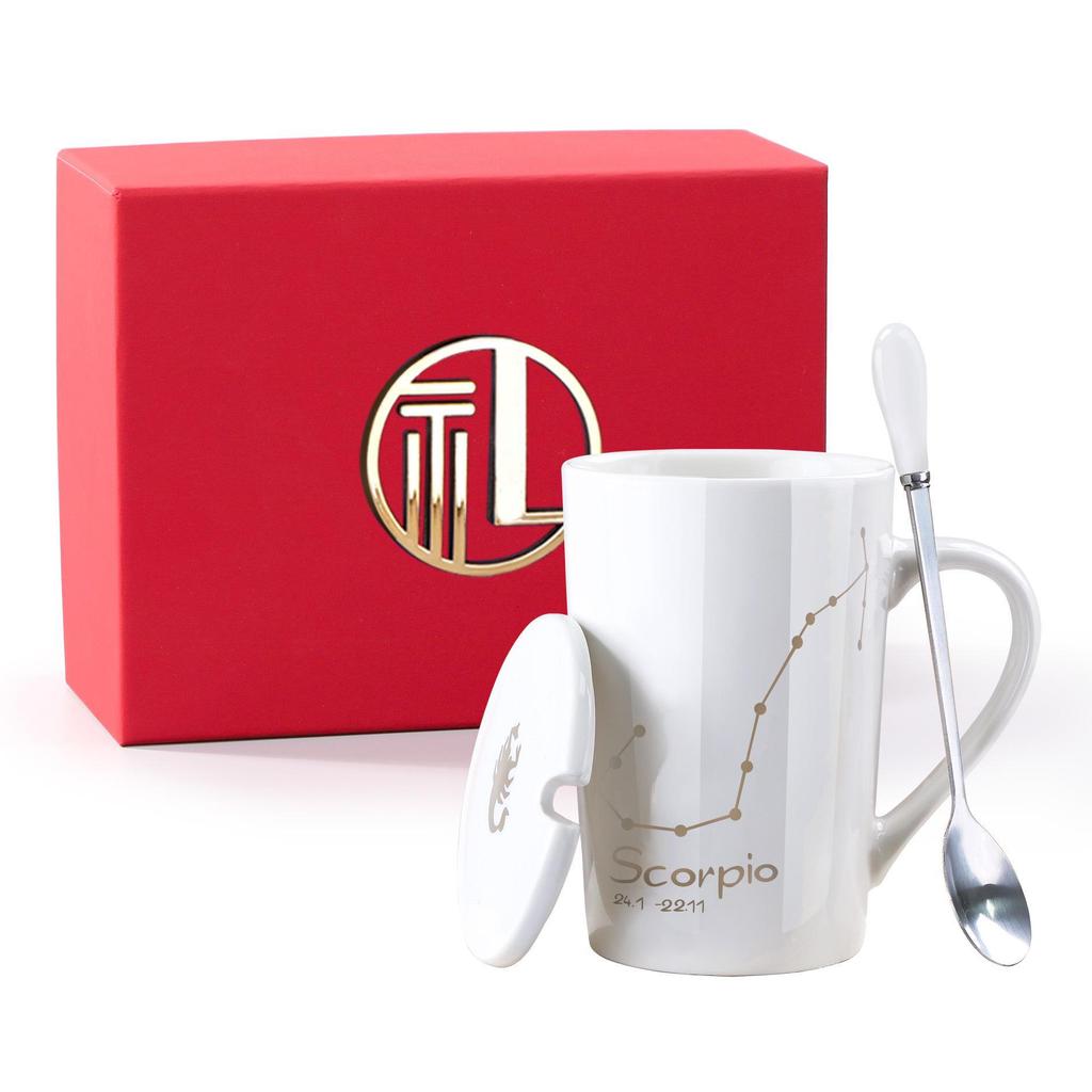 Kreatywny ceramiczny kubek - konstelacje zodiakalne z pokrywką i łyżeczką, idealny prezent dla par