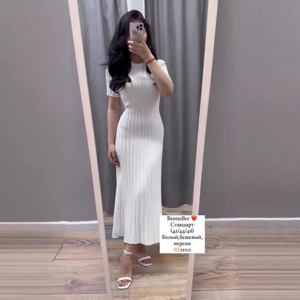 2024 Summer European & American Solid Color Slim-Fit Round Neck Knitted Long Elegant Dress