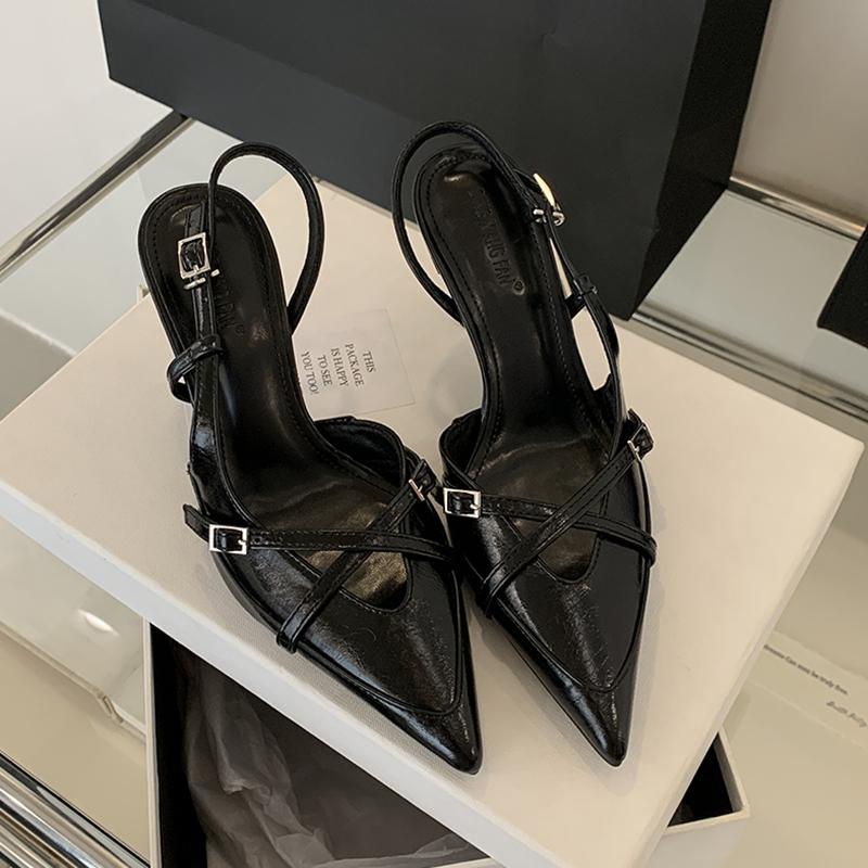 Fashion SUOJIALUN New Brand Women Sandal Shoes Fashion Pointed Toe Shallow Slip On Slingback Shoes Thin High Heel Outdoor Dress Pumps