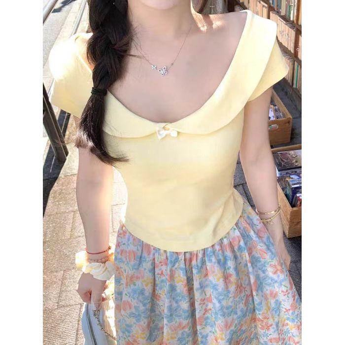

Doll collar bow girly feeling cute T-shirt summer pure desire design feeling thin Spice girl short-sleeved top S [recommended within 50kg ] жёлтый