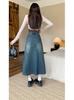 2026 Spring Plus Size A-line Denim Skirt with Retro Frayed Hem, High Waist, Mid-Length, Loose Fit.