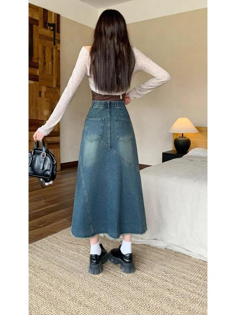 2026 Spring Plus Size A-line Denim Skirt with Retro Frayed Hem, High Waist, Mid-Length, Loose Fit.