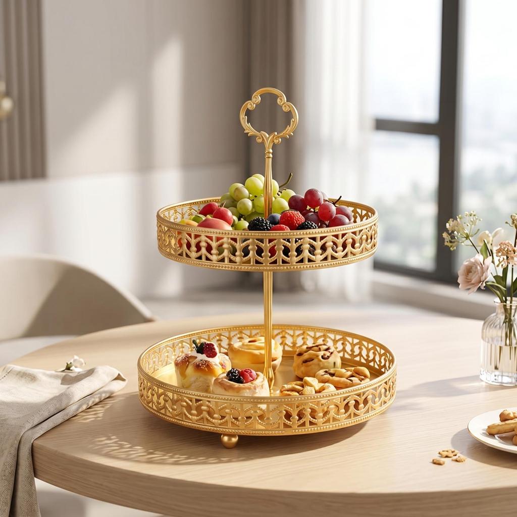 Double Layer Fruit Tray Colored 2 Tier Decorative Leaf Pattern Dessert Stand for