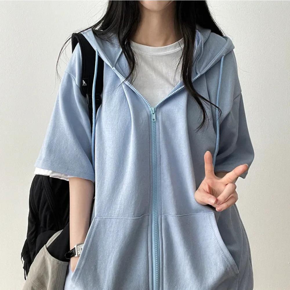 Women's Hooded Short Sleeve Cardigan Loose Fit Lazy Style Zip Up Jacket Casual Sweatshirt Top