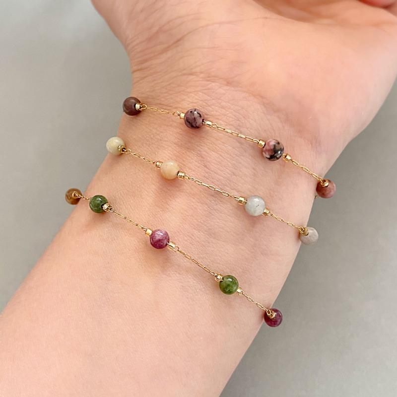 Gold Natural Stone Beaded Bracelet – Dainty Pastel Crystal Chain Jewelry, Boho Minimalist Gift for Women