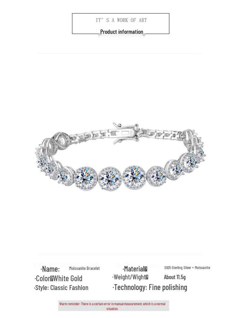 S925 Sterling Silver Moissanite Round Bracelet - Luxury Heavy Industry Style, Super Shiny High-End Women's Jewelry.