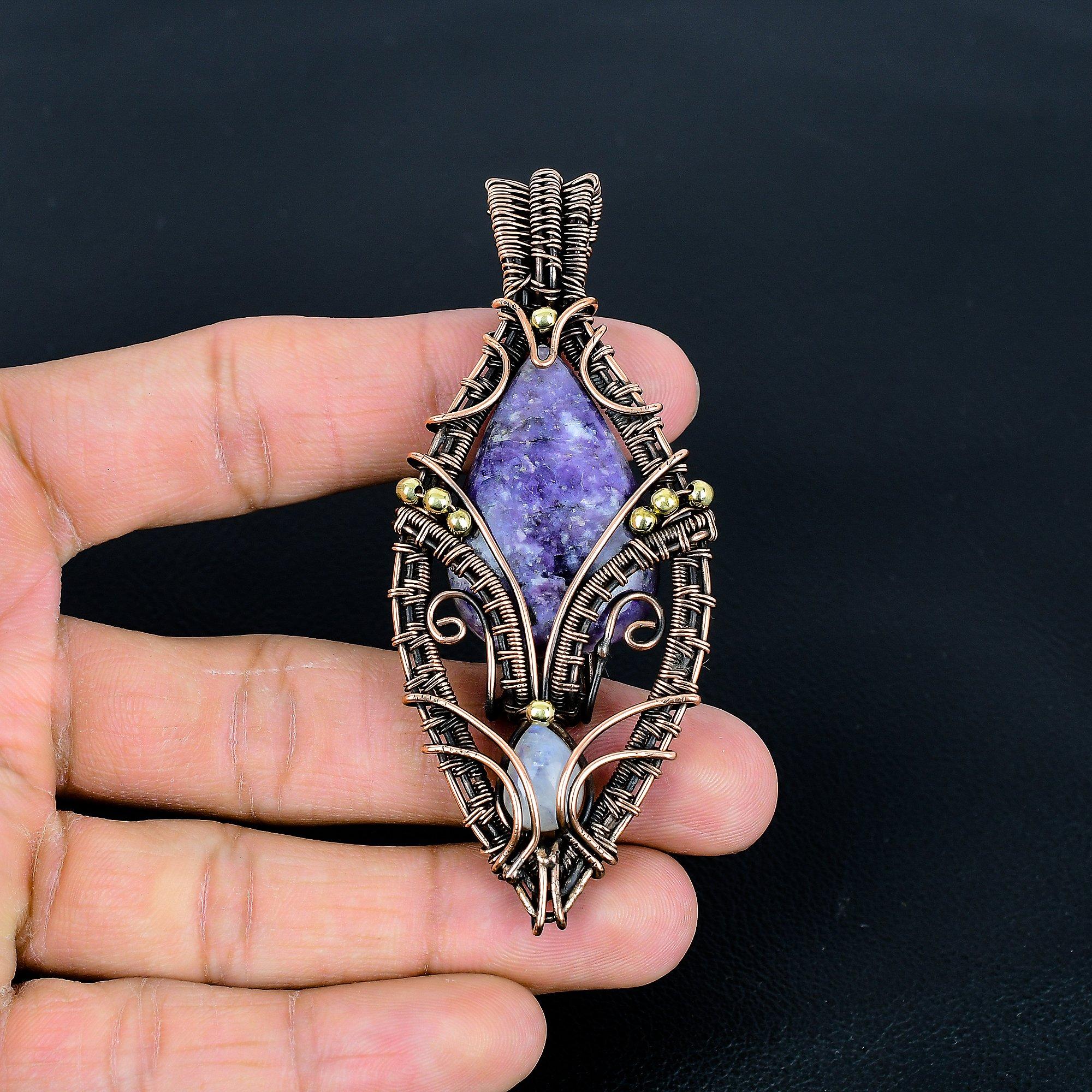 

Lepidolite & Moonstone 999 Copper Wire Wrapped Pendant, Handmade Gemstone Tree Of Life Pendant Jewelry, Gifts For Wife Brand New Pendant 3.54 Inches