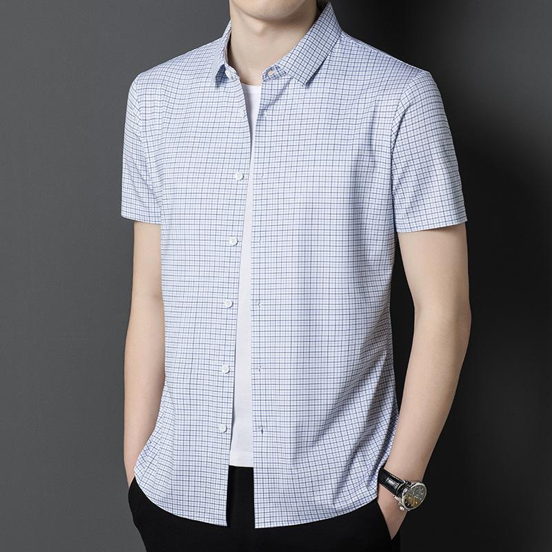 Summer Middle-aged Men's Short-sleeved Shirt Mulberry Silk Fashion Plaid Thin Poio Shirt Casual Shirt