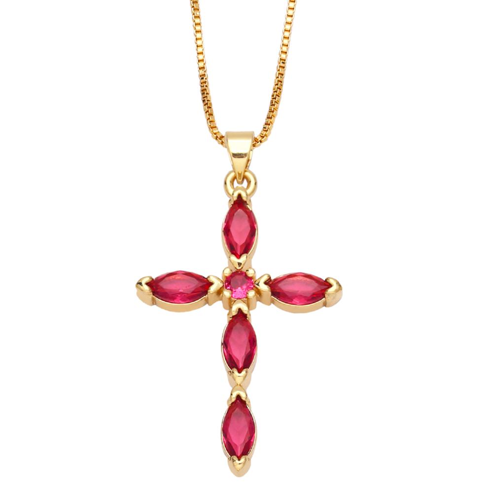 FLOLA Simple Pink Crystal Cross Necklaces for Women Gold Plated Box Chain Amulet Necklaces Christian Jewelry nkeb194