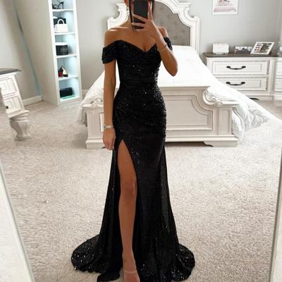Elegant V-Neck Off Shoulder Maxi Dress Sequin Pleated Short Sleeve Waist Tight Evening