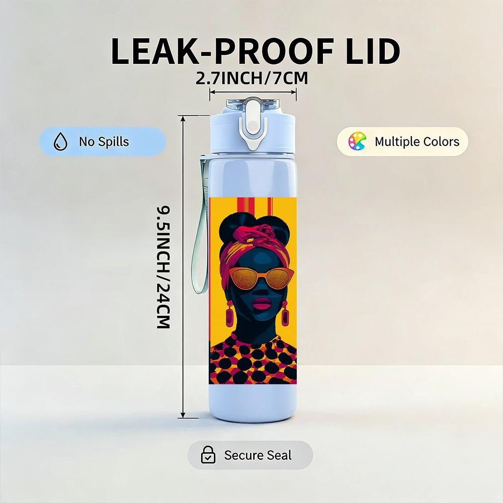 1PC Three Black Women Ethnic Art Print 750ml Color Plastic Sports Water Bottle Leakproof Flip Straw Lid Suitable for Sports Office Home Use