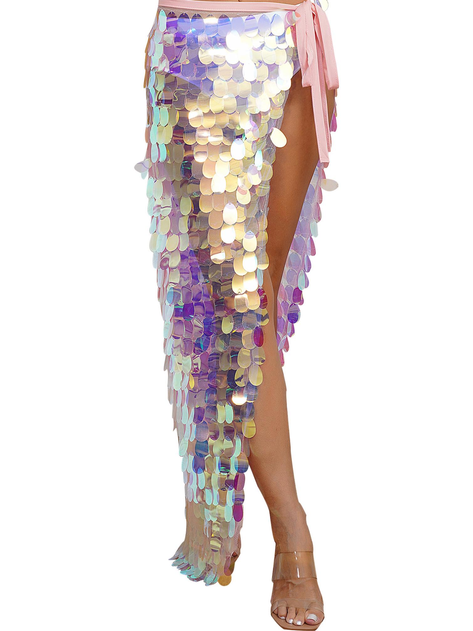 

Жіноча спідниця з блискітками. Нерегулярна спідниця з блискітками. Спідниця з розрізом. Танцювальна спідниця для танцю живота. Спідниця на стегнах. Святковий костюм для Хелловіна M рожевий