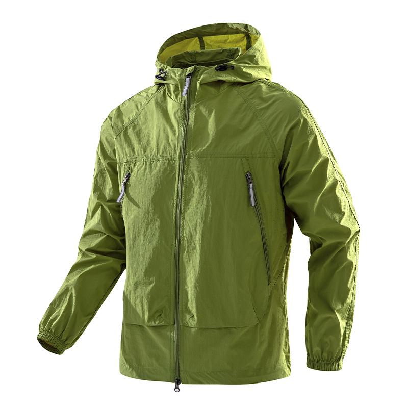 

UPF50+Men s Hooded Windbreaker Jacket - Ultra Light Summer Zipper Pocket Elastic Cuffs Suitable for Outdoor Hiking and Running S светло-зеленый