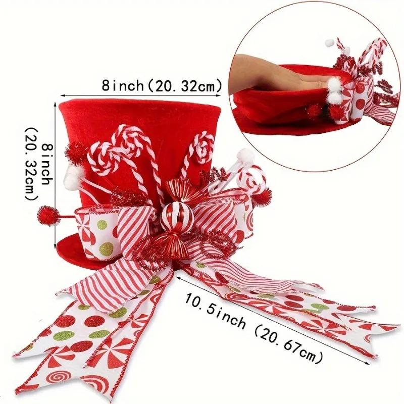 Classic Christmas Tree Top Hat Decoration - 1Pc with Candy Bar & Bow Ribbon Ideal for Christmas Tree Adornment & Table Decor