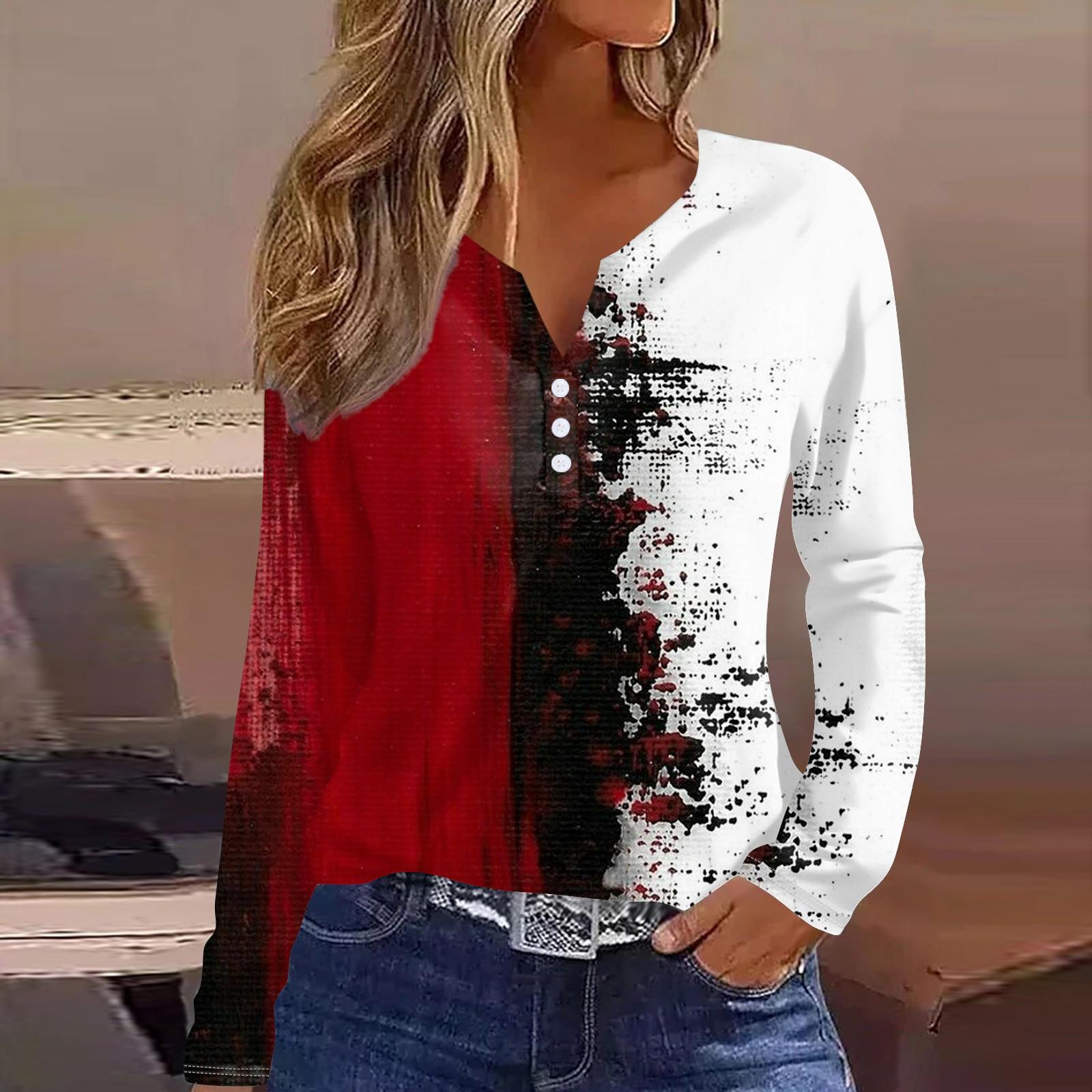 

Женская модная повседневная футболка с v-образным вырезом и длинным рукавом с принтом на Хэллоуин, топ L красный