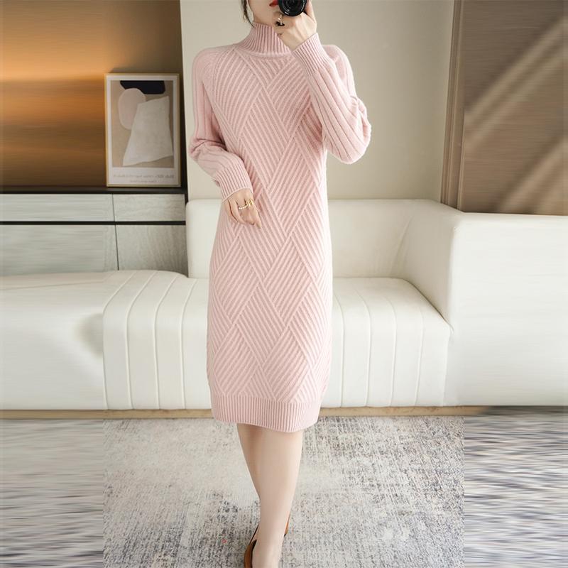

Women s Plus Size High Neck Loose Knit Dress - Autumn/Winter Mid-Length Layering Piece S 45-50kg рожевий