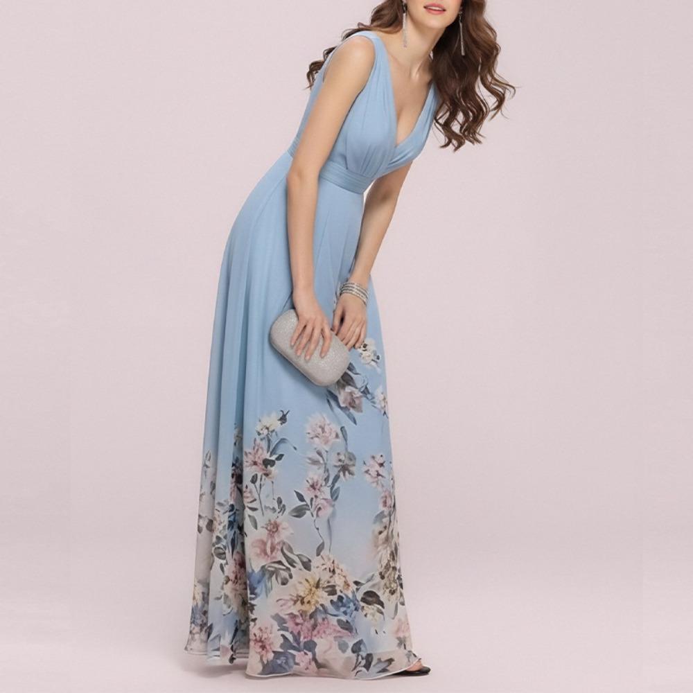 Women's V Neck Sleeveless Maxi Dress Slim High Waist Elegant Floral Print A-Line Dress Chiffon Formal Evening Gown