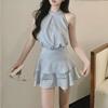 Petite Summer Two-Piece Skirt Suit: French Halter Neck Camisole with Ruffled Skirt.