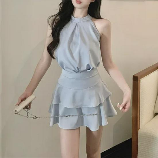 Petite Summer Two-Piece Skirt Suit: French Halter Neck Camisole with Ruffled Skirt.