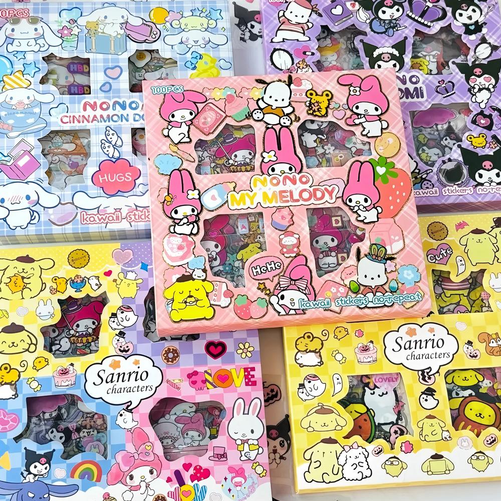 100Pcs Sanrio Stickers Kids Girls Decals Toys Transparent My Melody Kuromi Waterproof Cartoon Sticker Birthday Gifts