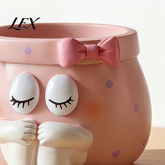 Small Item Organizer Cute Cartoon Girl Pen Holder, Resin Makeup Brush Decorative Desktop Ornaments with Bow Design, Sundries Storage Bucket