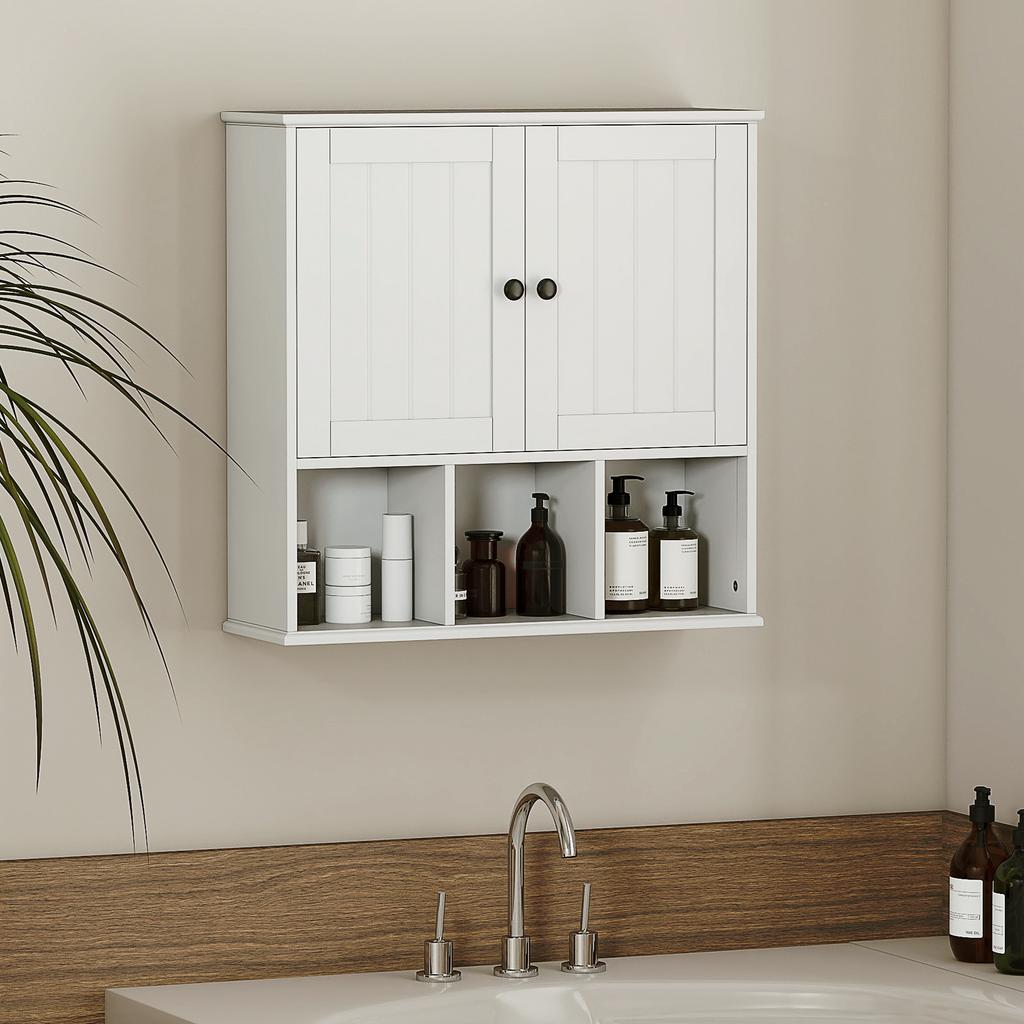 Wall-mounted bathroom cabinet, storage furniture with 2 doors, adjustable shelf and open compartments, white