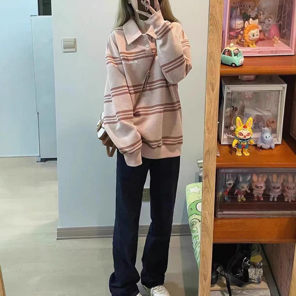 Women's Retro Waffle Polo Collar Sweatshirt - Autumn/Spring Loose Fit College Style Pullover, Small Size