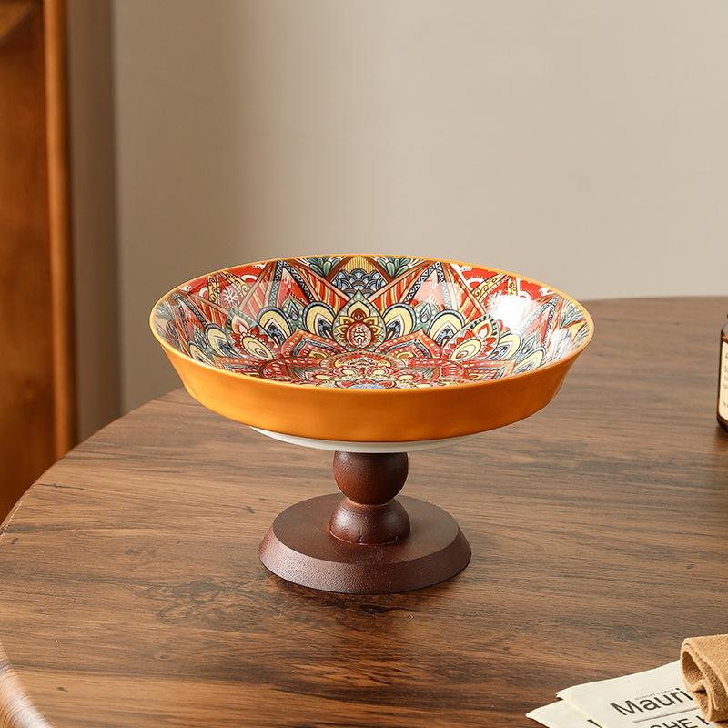 

Bohemian Style Ceramic Fruit Plate Handmade Under Glaze Color High Foot Snack Dish for Living Room