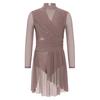 Girls Rhinestones Lyrical Dress Long Sleeve Mock Neck Cutout Back Side Split Sheer Mesh Ruched Costume