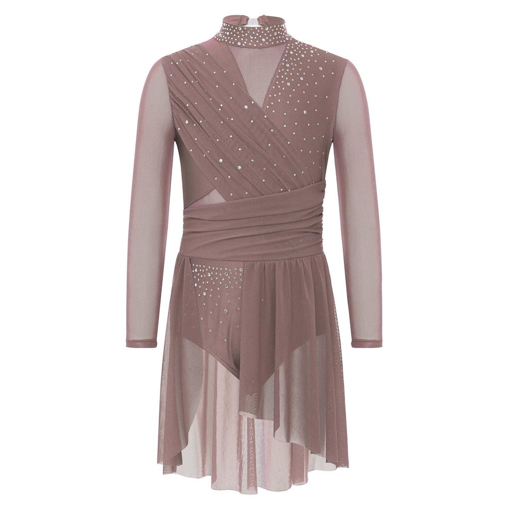 Girls Rhinestones Lyrical Dress Long Sleeve Mock Neck Cutout Back Side Split Sheer Mesh Ruched Costume