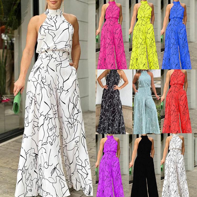 Tuta elegante allacciata alla caviglia Stampa casual Cravatta Vita senza maniche Tuta estiva con pantaloni lunghi a gamba larga Abbigliamento da donna
