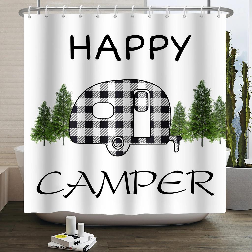 Camper Shower Curtain Happy Camper Trailer Car Rv Forest Mountain Tent Camping Bathroom Shower Curtain Waterproof Bath Curtain