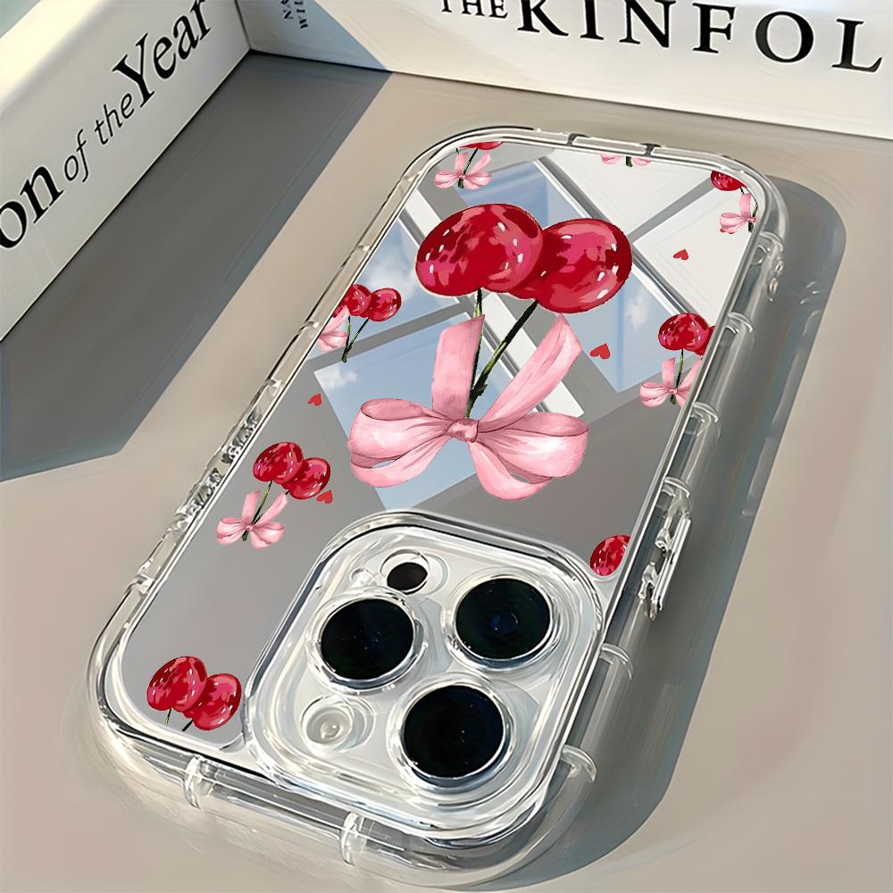 Cute Cherry Bow Pattern Back Mirror Phone Case For iPhone 11 12 13 14 15 16 17 Pro Max X XR XS 7 8 Plus 17 Air Shockproof Cover