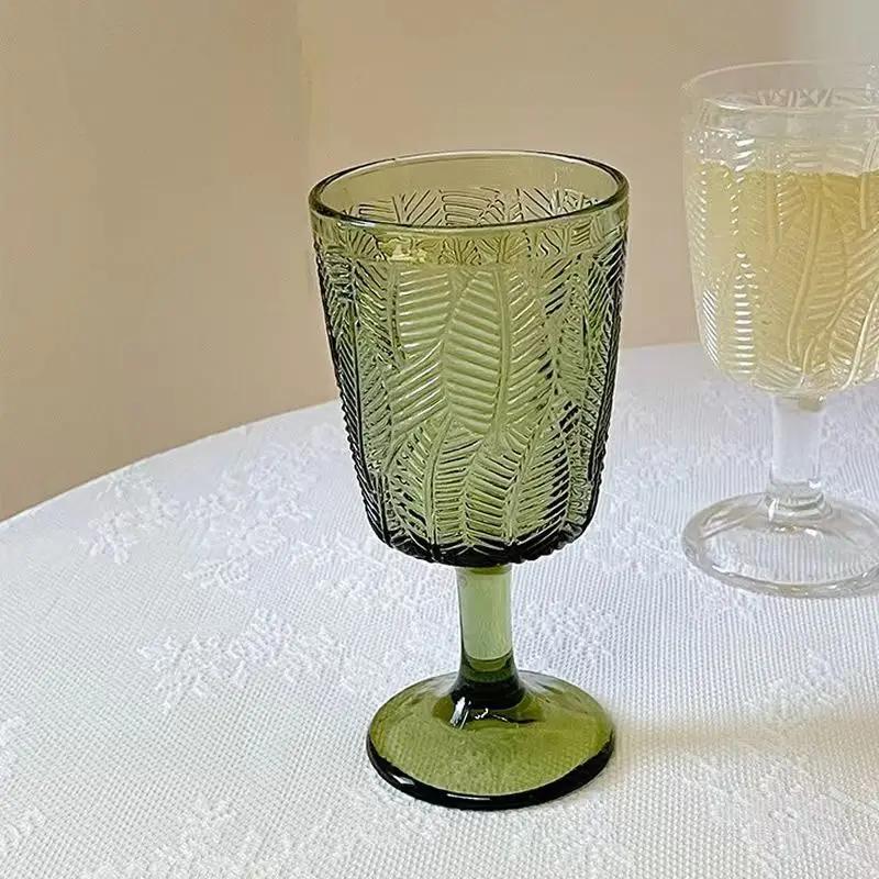 

Винтажный тисненый цветной бокал с листьями 340 мл зеленый розовый синий прозрачный бокалы для вина бокалы фужеры стеклянная чашка 1 шт декор стола 301-400ml