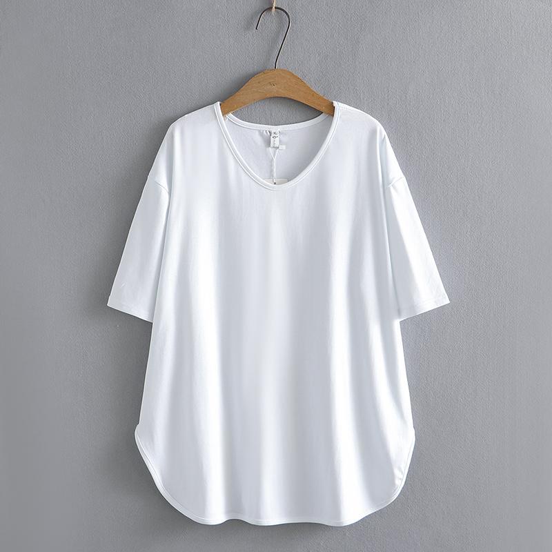 

Летний корейский женский повседневный топ плюс сайз, свободная однотонная футболка с V-образным вырезом и разрезом, простая футболка с коротким рукавом 3XL белый